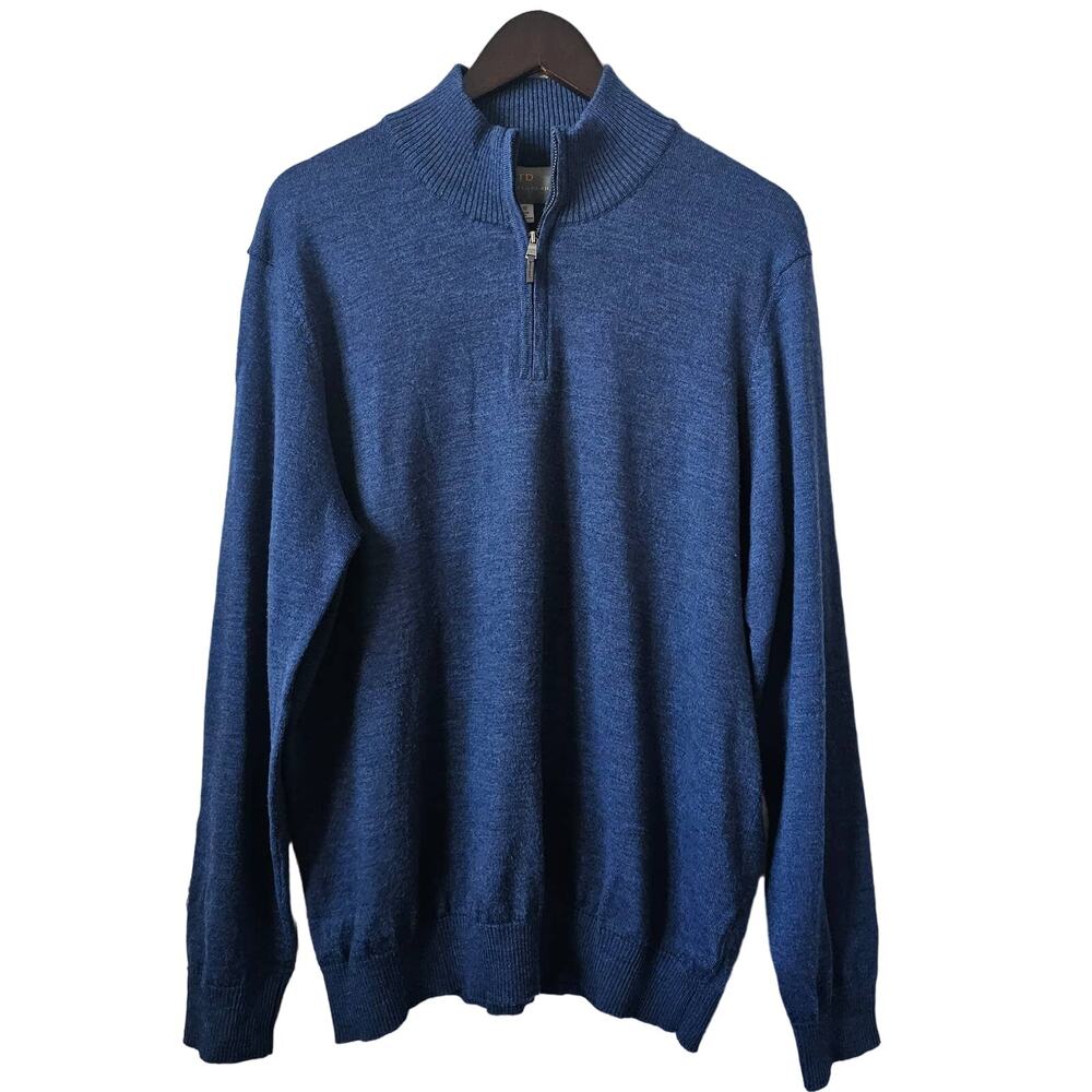 Thomas Dean Merino Wool Blend Quarter Zip Sweater Blue Pullover Size XL